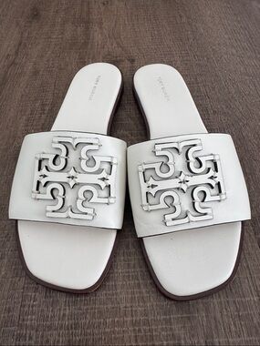 Tory Burch White Leather Logo Cutout Slide Sandals
